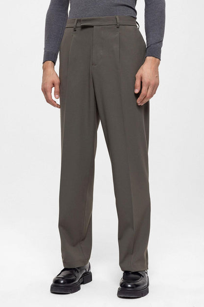 Men's Dark Khaki High Waist Zippered Trousers