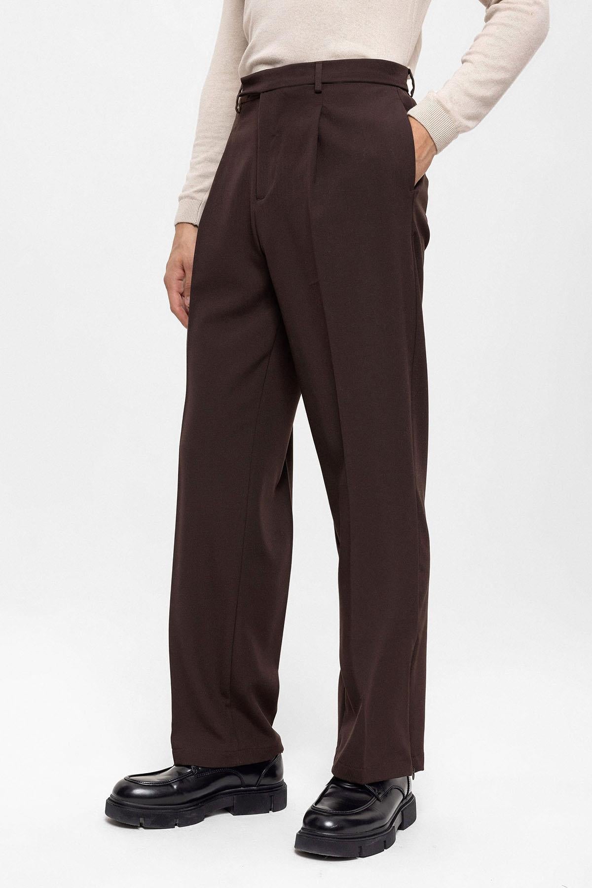 Men's Brown High Waist Zippered Trousers