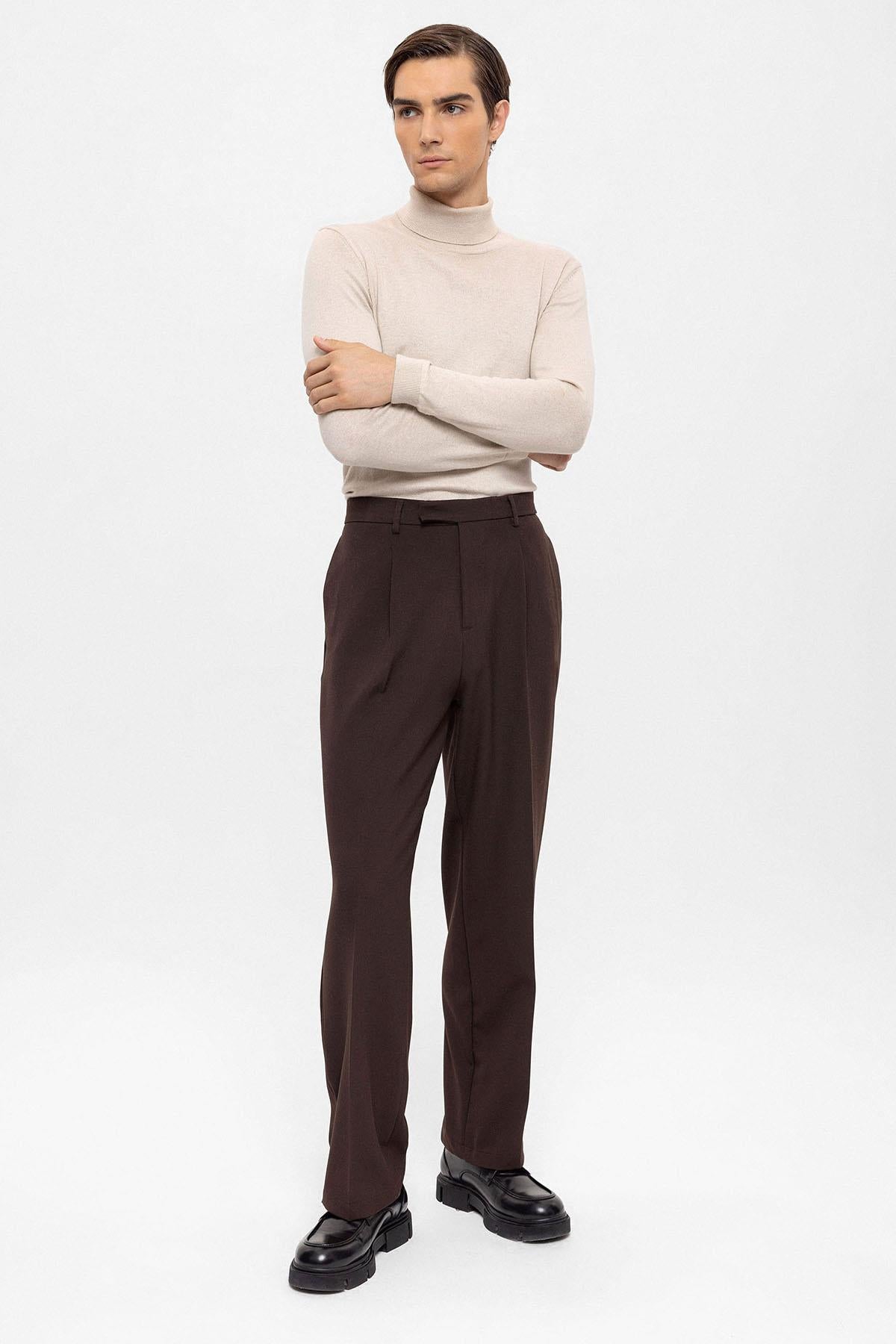 Men's Brown High Waist Zippered Trousers