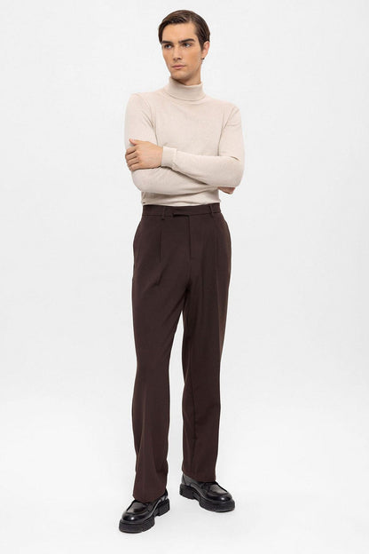 Men's Brown High Waist Zippered Trousers