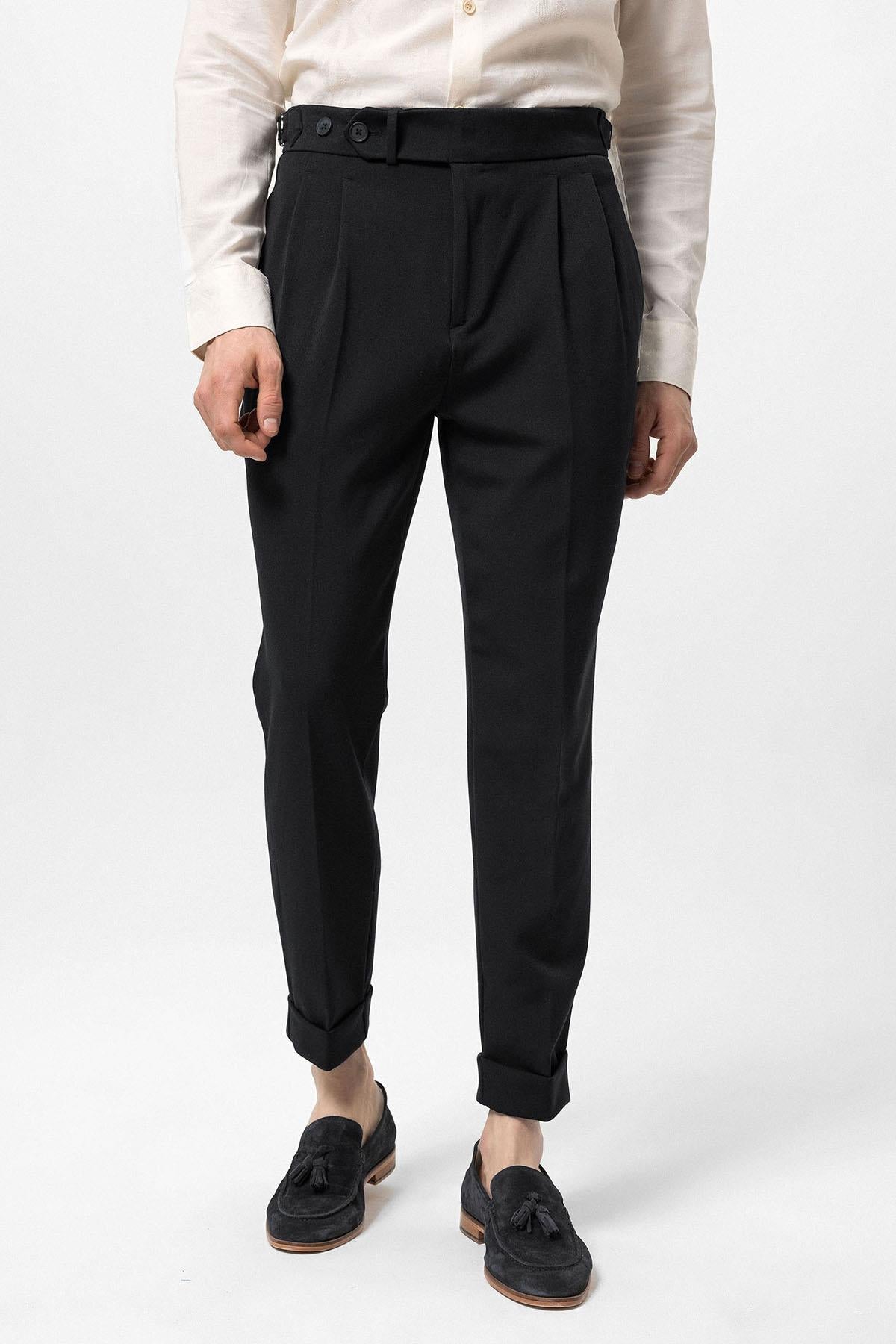Men's Black High Waist Pleated Carrot Fit Trousers