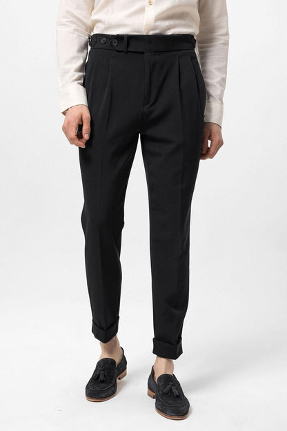 Men's Black High Waist Pleated Carrot Fit Trousers