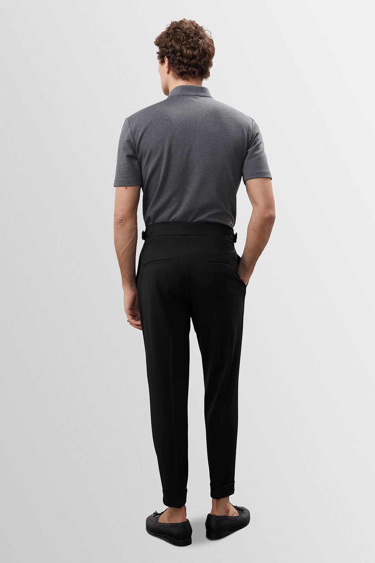 Men's Black High Waist Pleated Carrot Fit Trousers