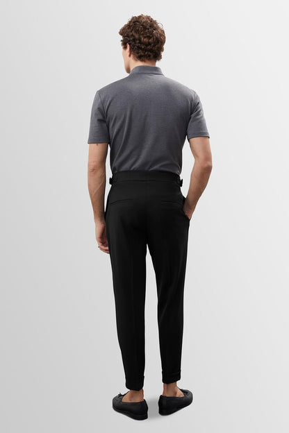 Men's Black High Waist Pleated Carrot Fit Trousers