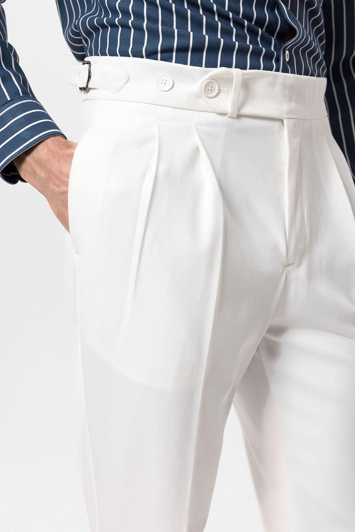 Men's Ecru High Waist Pleated Carrot Fit Trousers