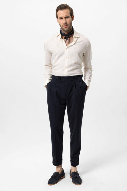 Men's Navy Blue High Waist Pleated Carrot Fit Trousers