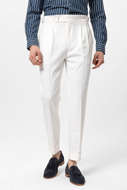 KOALA SYDNEY  Men's Ecru High Waist Pleated Carrot Fit Trousers -