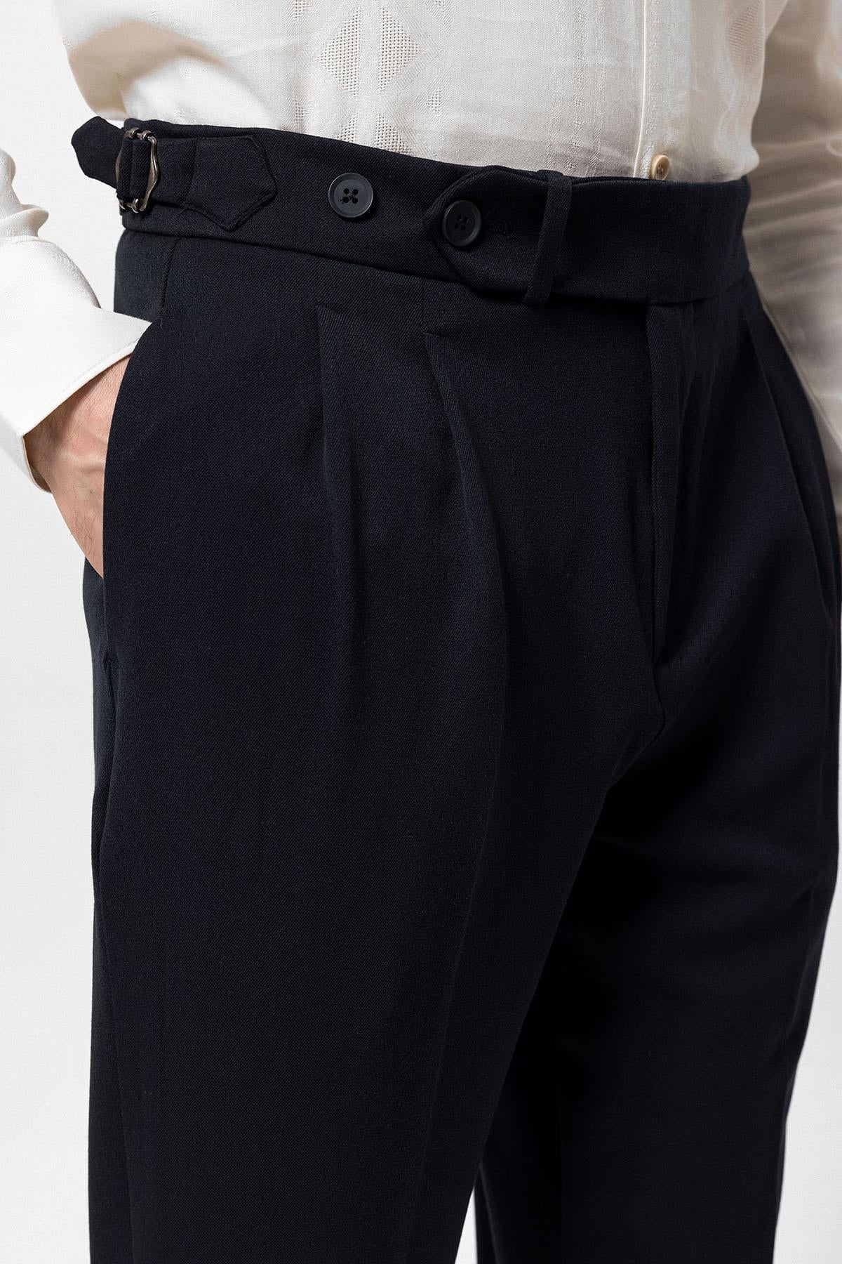 Men's Navy Blue High Waist Pleated Carrot Fit Trousers