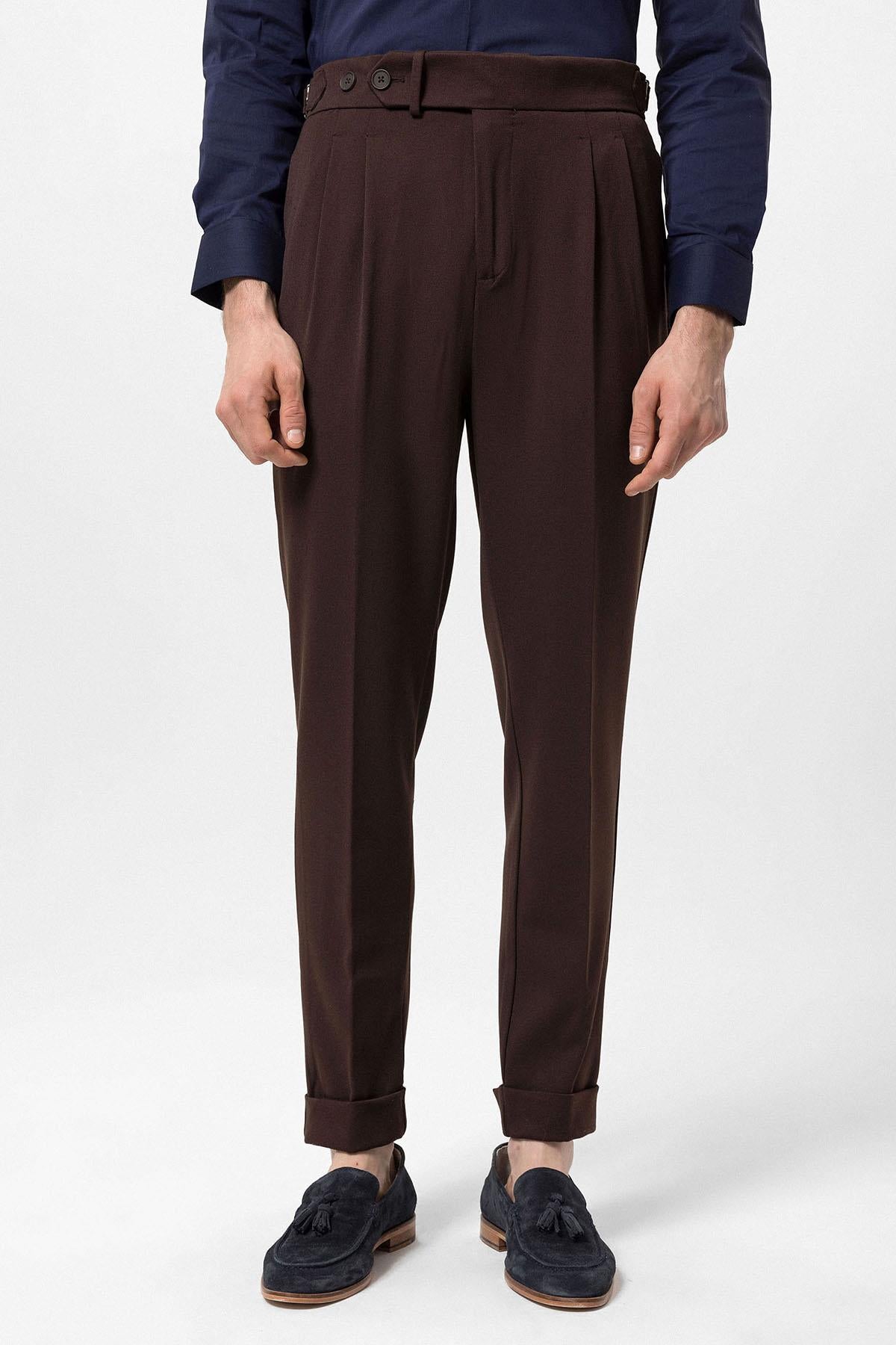 Men's Brown High Waist Pleated Carrot Fit Trousers