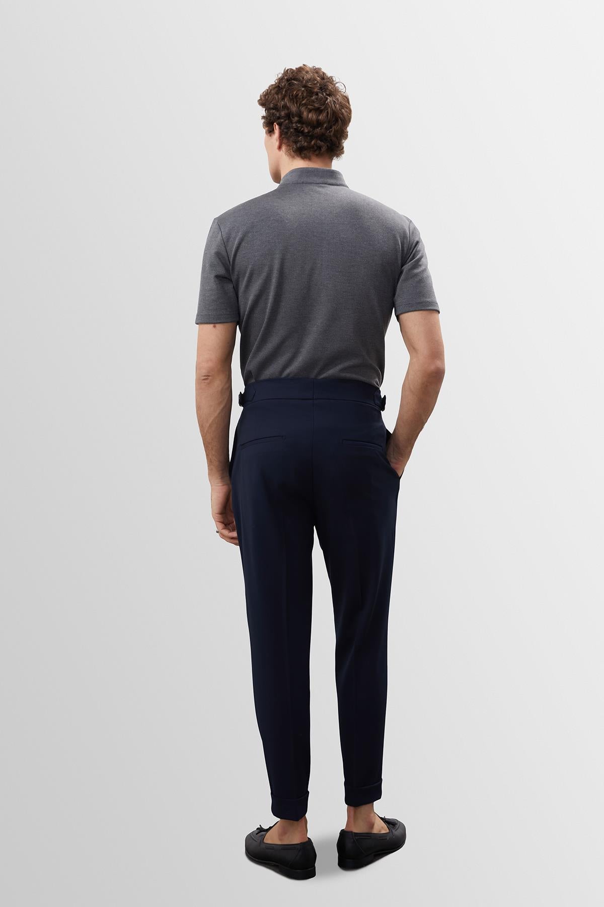 Men's Navy Blue High Waist Pleated Carrot Fit Trousers