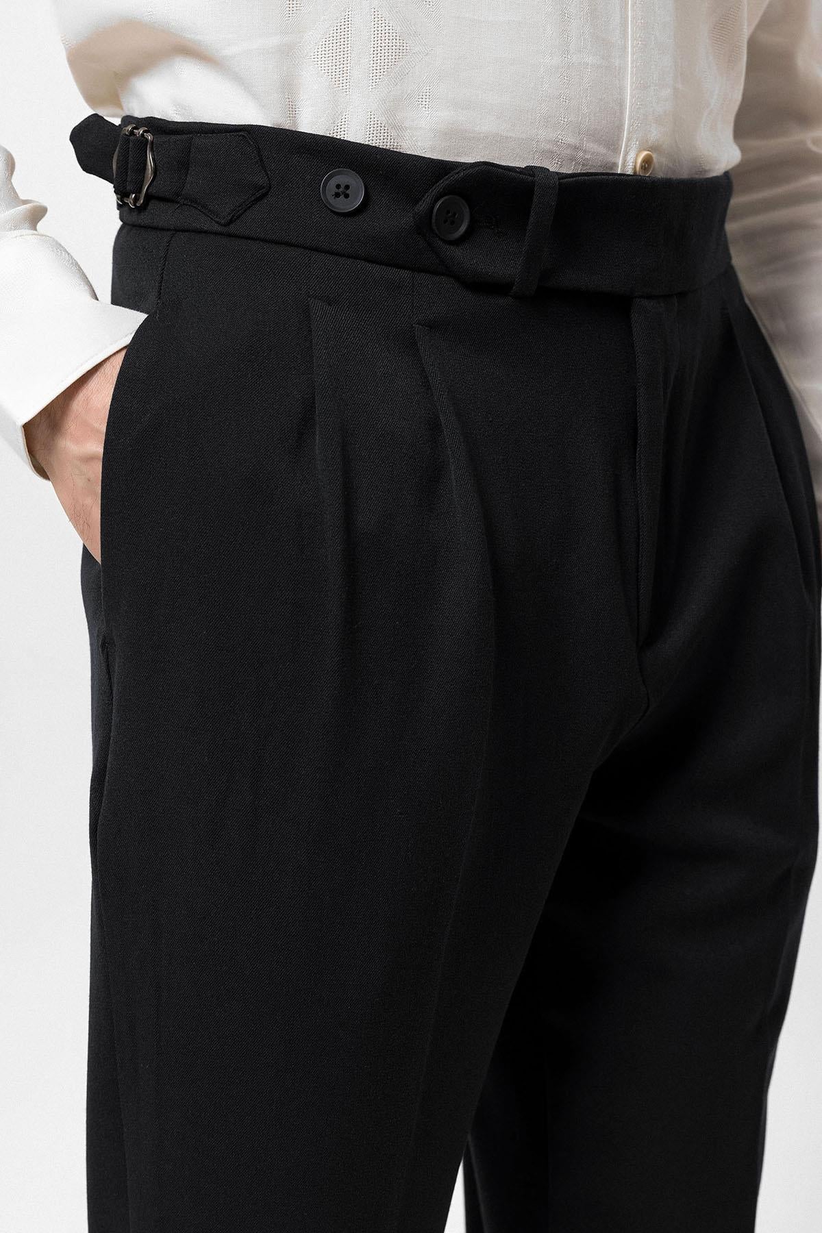 Men's Black High Waist Pleated Carrot Fit Trousers