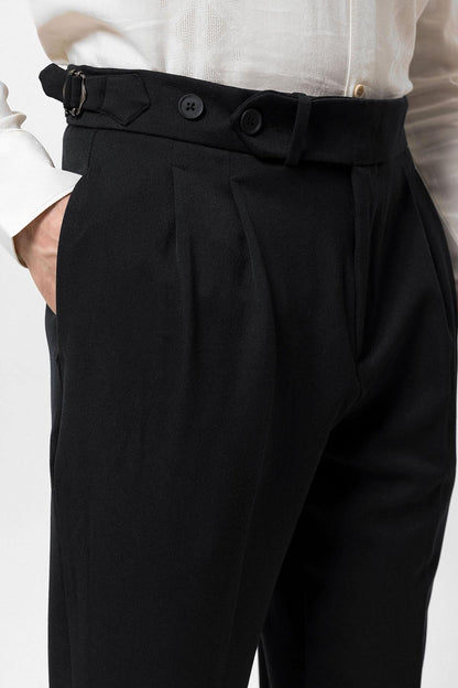 Men's Black High Waist Pleated Carrot Fit Trousers