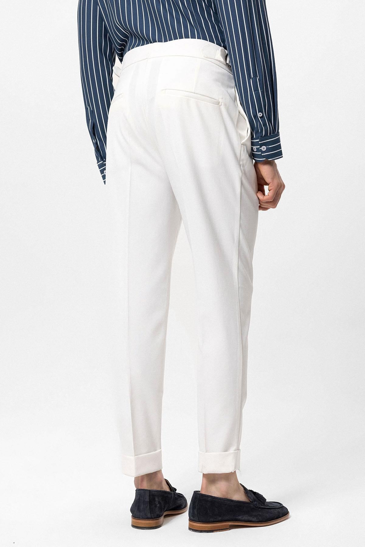 Men's Ecru High Waist Pleated Carrot Fit Trousers