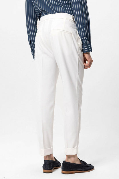Men's Ecru High Waist Pleated Carrot Fit Trousers