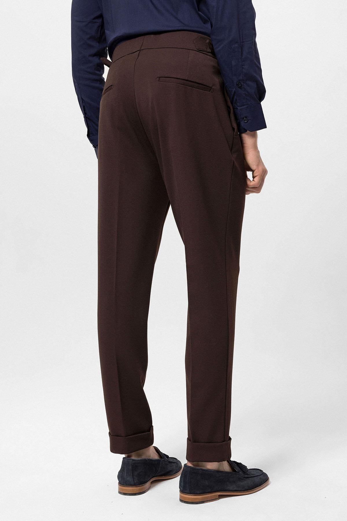 Men's Brown High Waist Pleated Carrot Fit Trousers