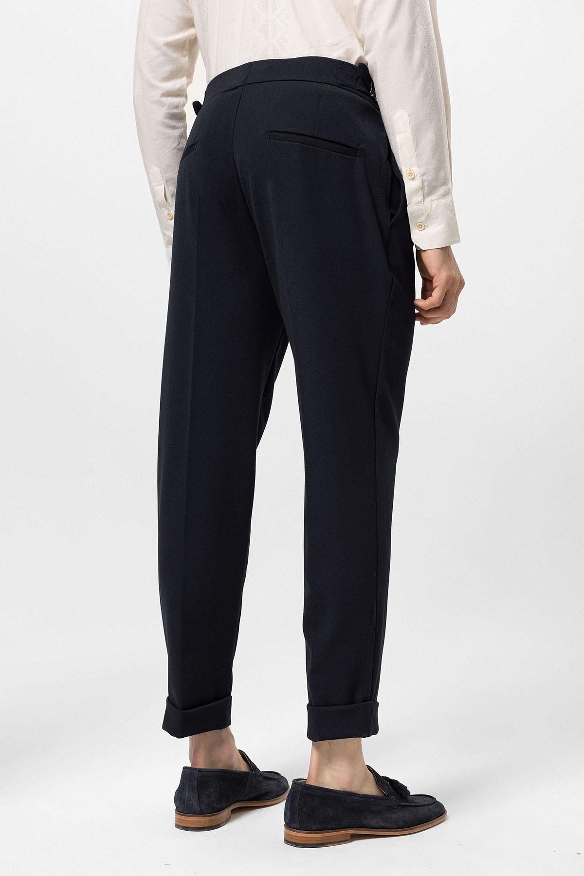 Men's Navy Blue High Waist Pleated Carrot Fit Trousers