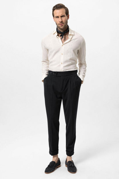 Men's Black High Waist Pleated Carrot Fit Trousers