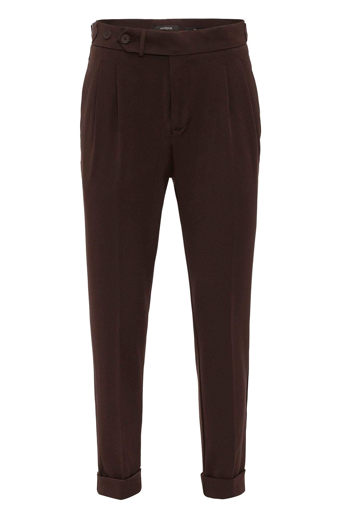 Men's Brown High Waist Pleated Carrot Fit Trousers