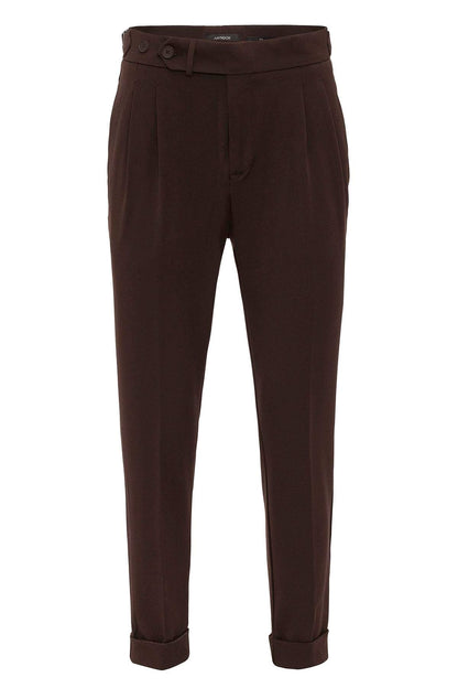 Men's Brown High Waist Pleated Carrot Fit Trousers