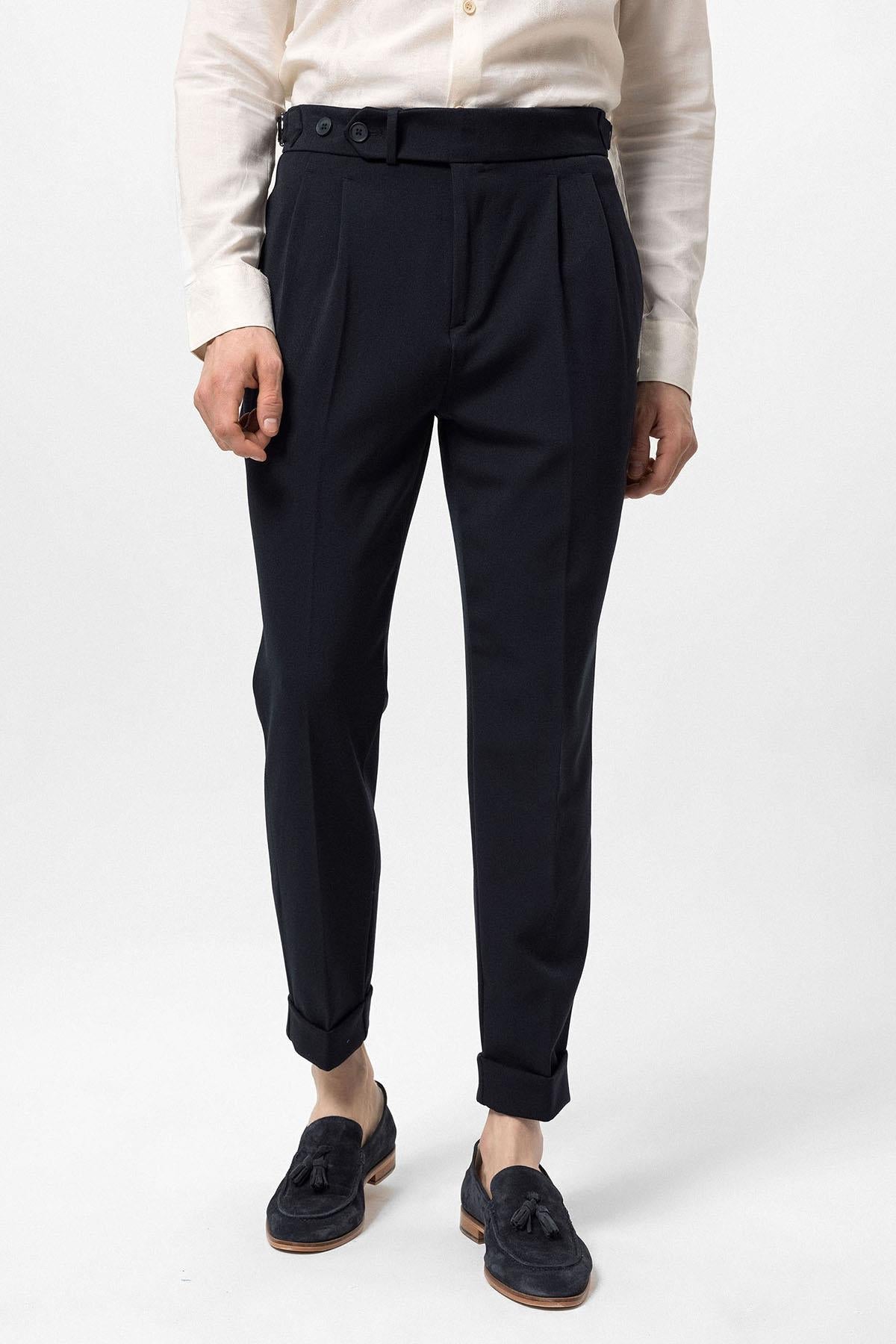 Men's Navy Blue High Waist Pleated Carrot Fit Trousers