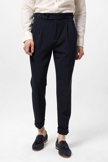 Men's Navy Blue High Waist Pleated Carrot Fit Trousers