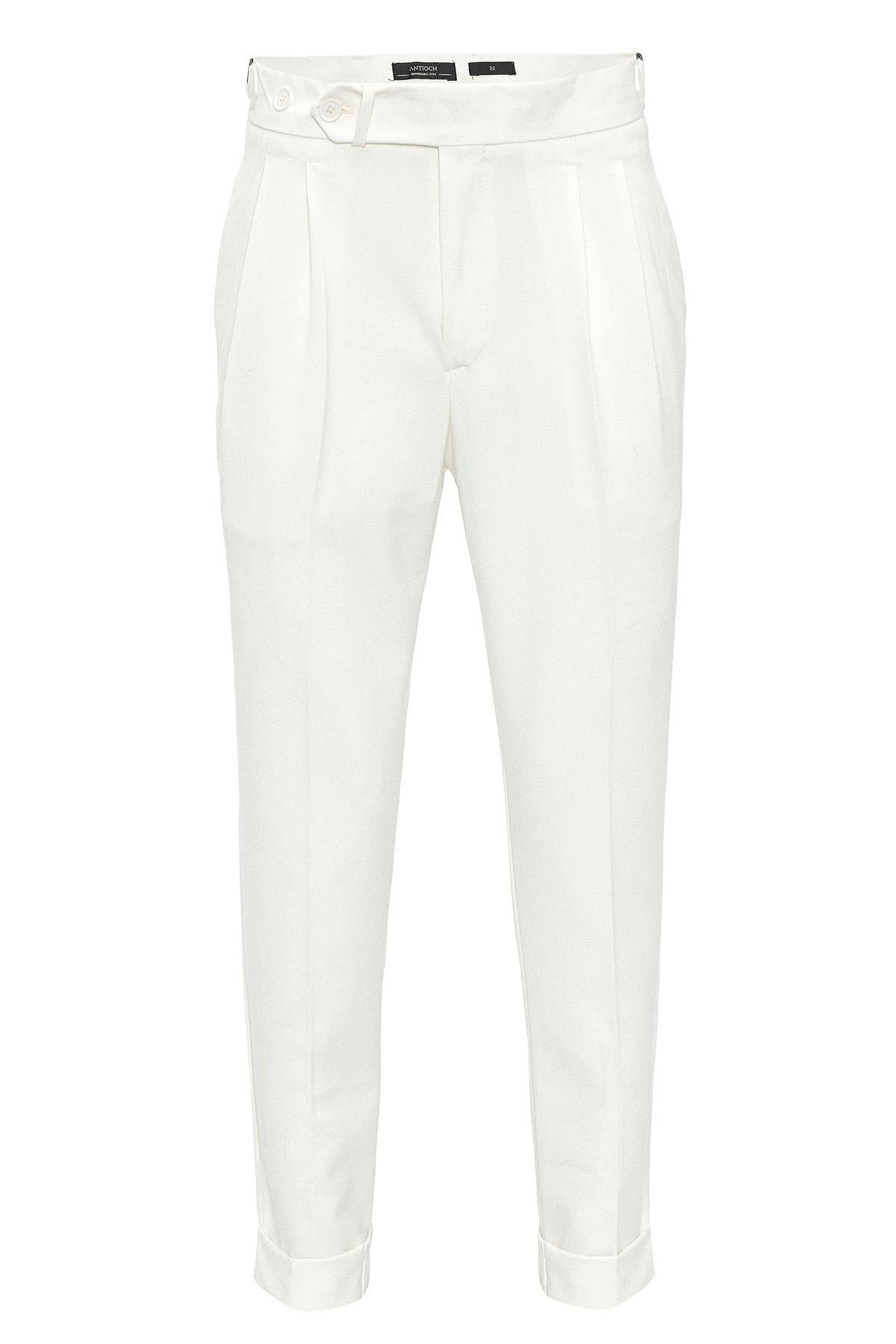 Men's Ecru High Waist Pleated Carrot Fit Trousers