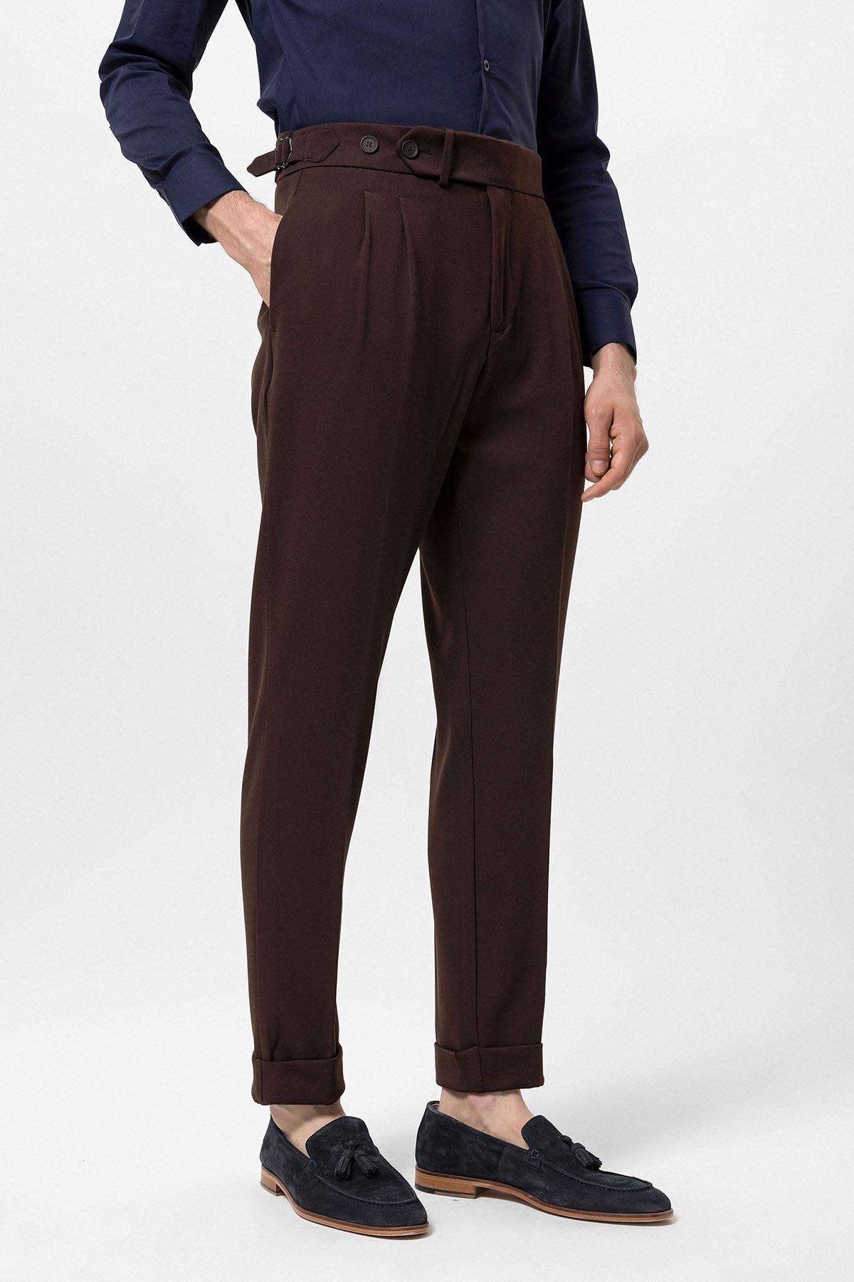 Men's Brown High Waist Pleated Carrot Fit Trousers