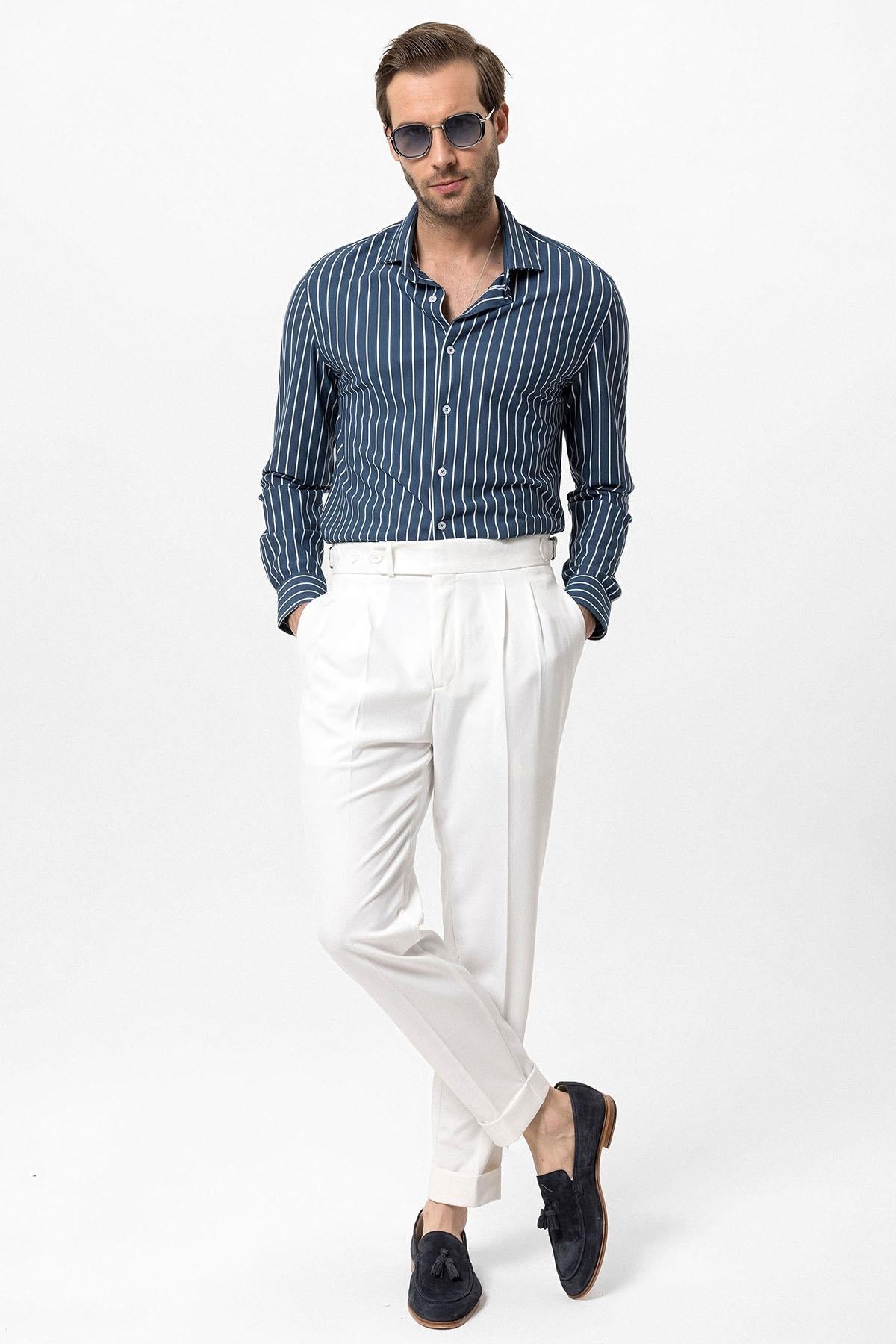 Men's Ecru High Waist Pleated Carrot Fit Trousers