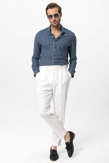 Men's Ecru High Waist Pleated Carrot Fit Trousers