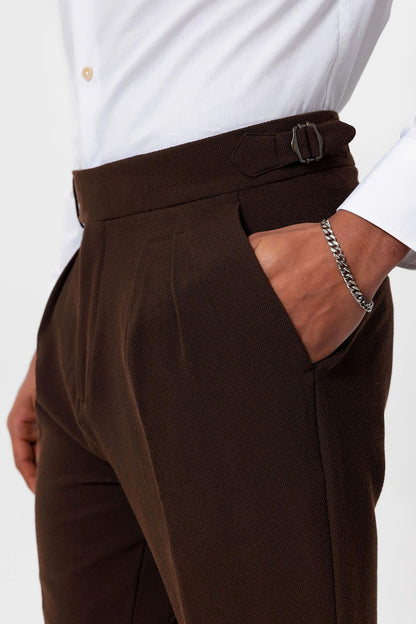 Men's Brown High-Waist Pleated Textured Pants