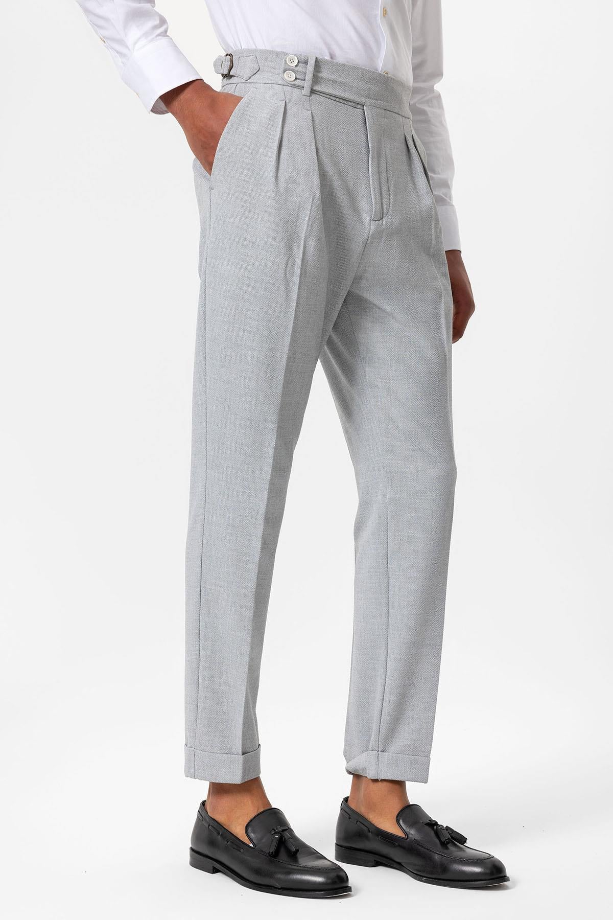 Men's Grey High-Waist Pleated Textured Pants