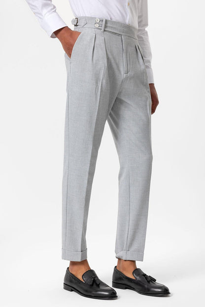 Men's Grey High-Waist Pleated Textured Pants