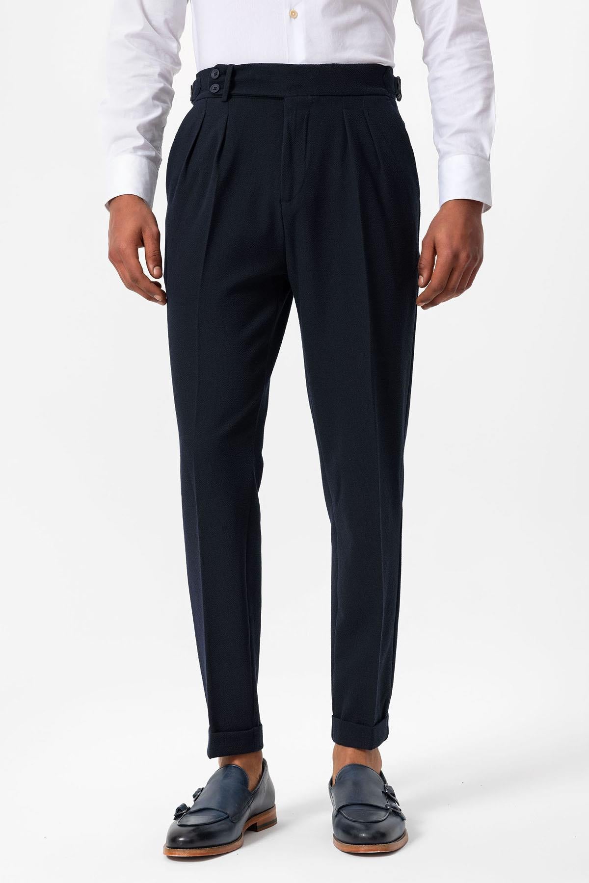 Men's Navy Blue High-Waist Pleated Textured Pants
