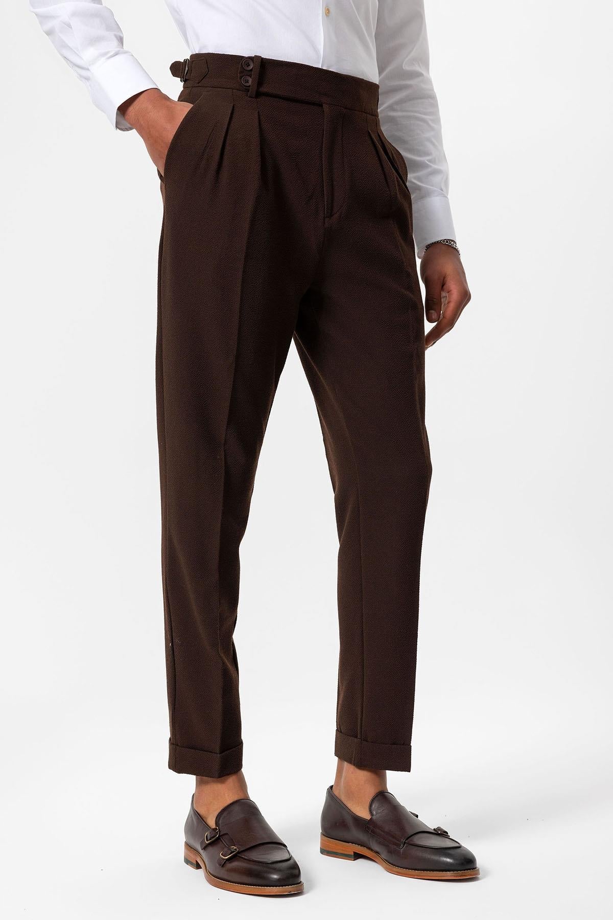 Men's Brown High-Waist Pleated Textured Pants
