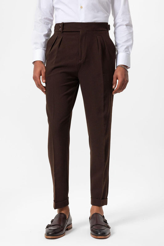 Men's Brown High-Waist Pleated Textured Pants