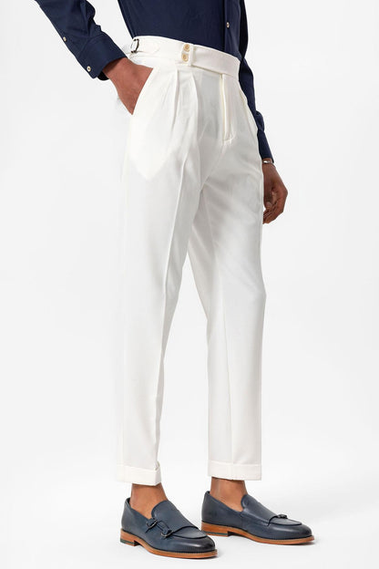 Men's White High-Waist Pleated Textured Pants