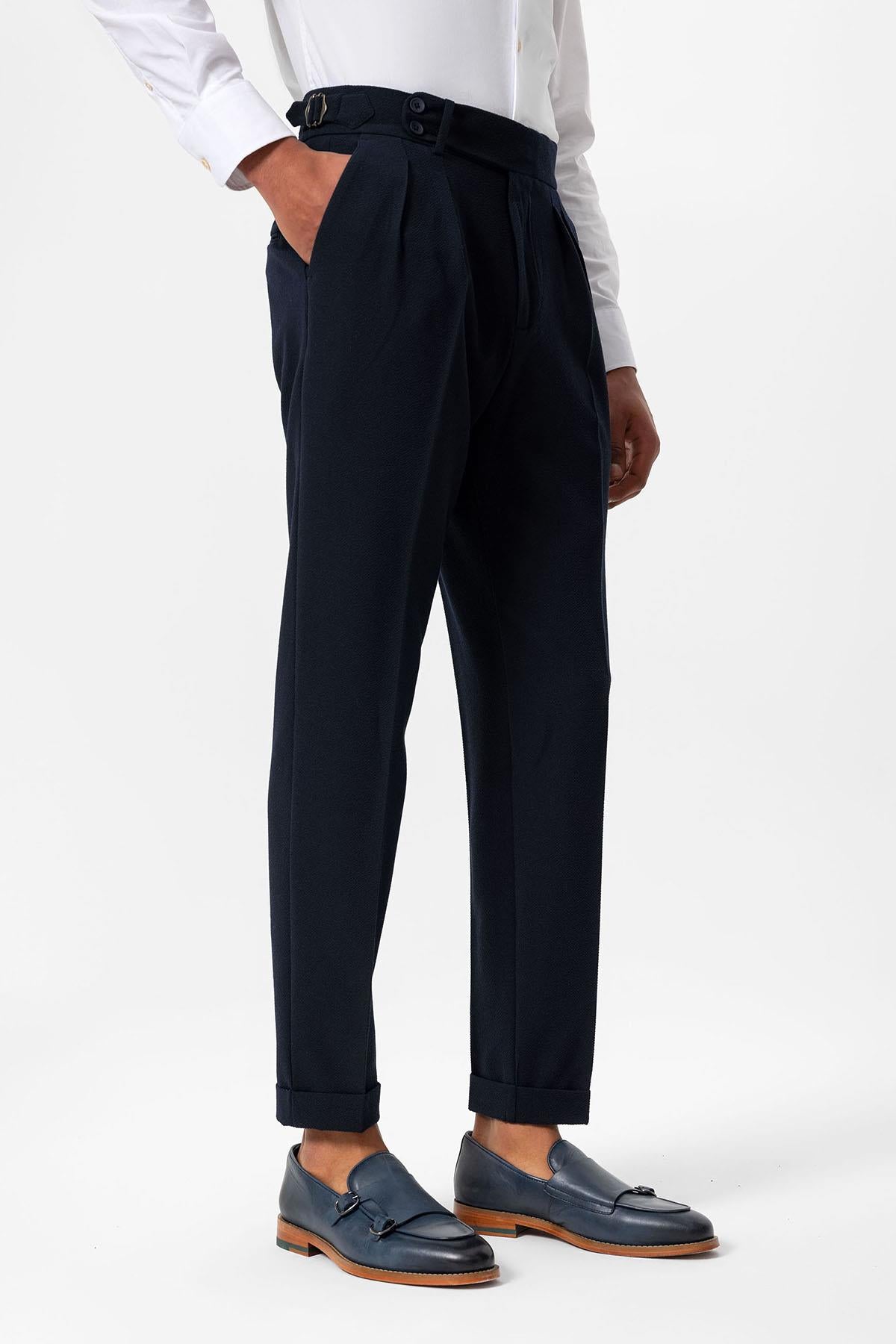 Men's Navy Blue High-Waist Pleated Textured Pants