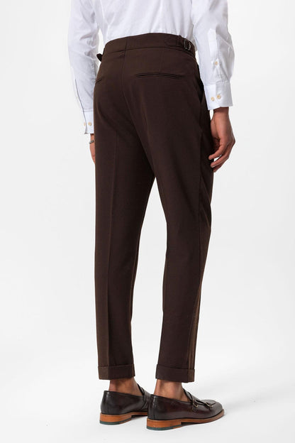 Men's Brown High-Waist Pleated Textured Pants