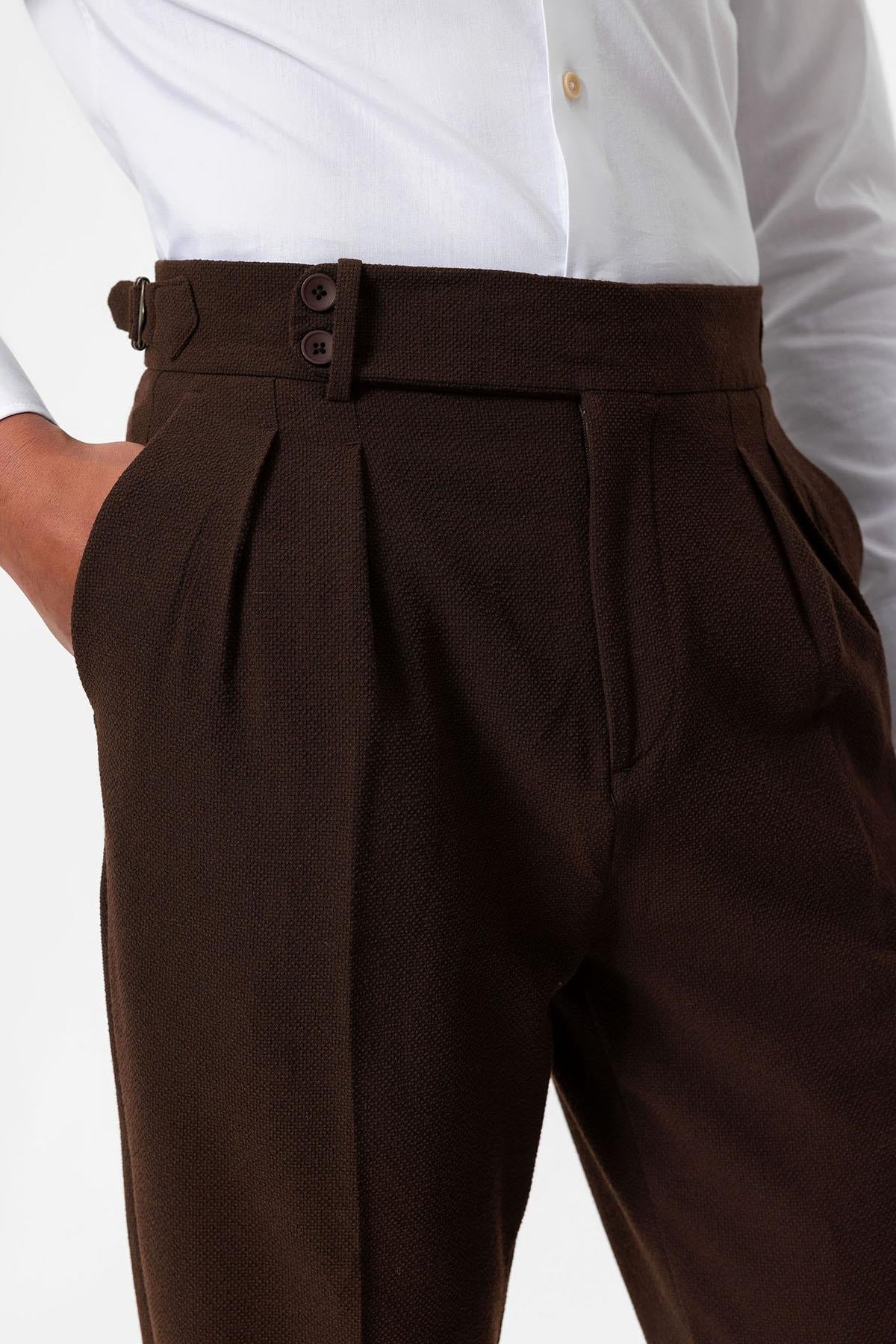 Men's Brown High-Waist Pleated Textured Pants