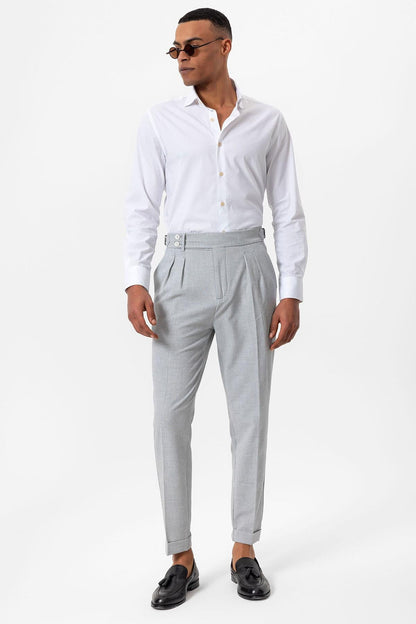 Men's Grey High-Waist Pleated Textured Pants
