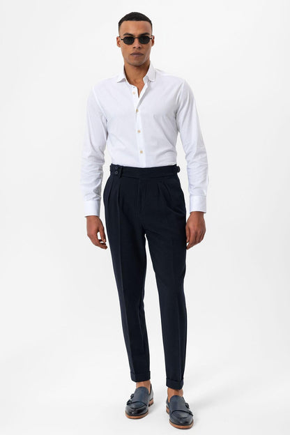 Men's Navy Blue High-Waist Pleated Textured Pants