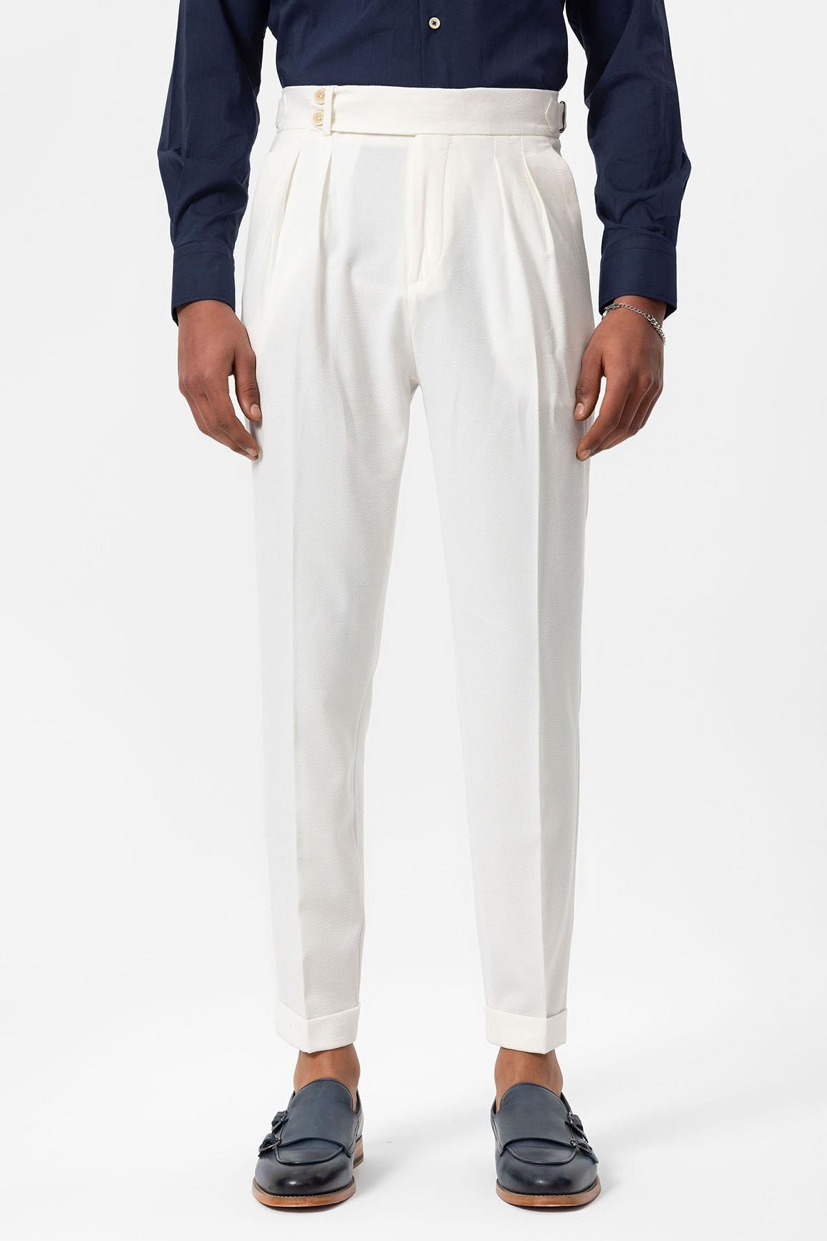 Men's White High-Waist Pleated Textured Pants