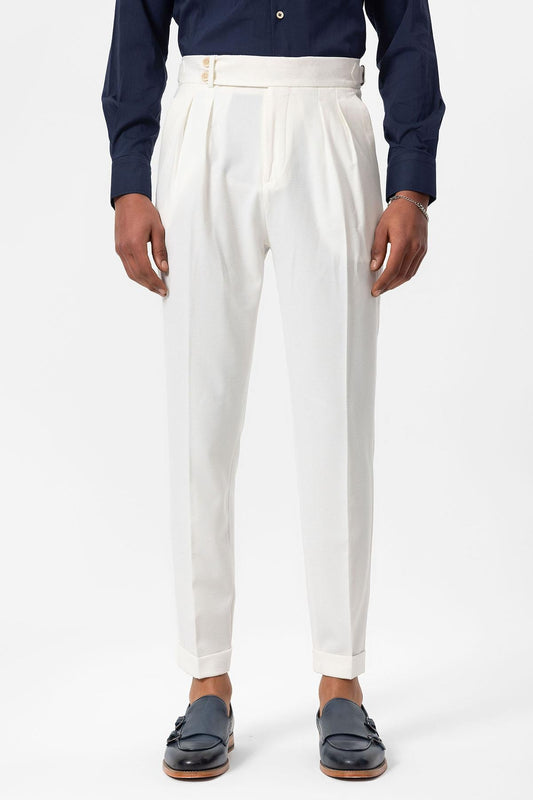 Men's White High-Waist Pleated Textured Pants