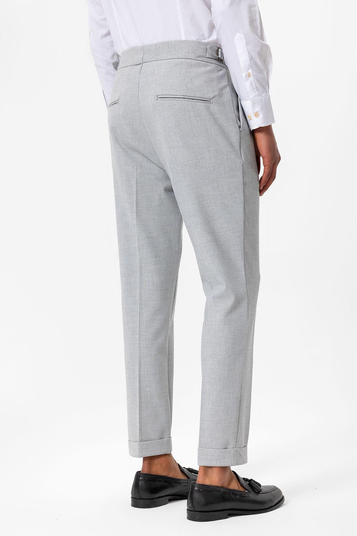 Men's Grey High-Waist Pleated Textured Pants