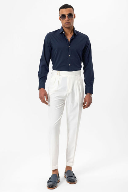 Men's White High-Waist Pleated Textured Pants