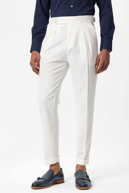 Men's White High-Waist Pleated Textured Pants