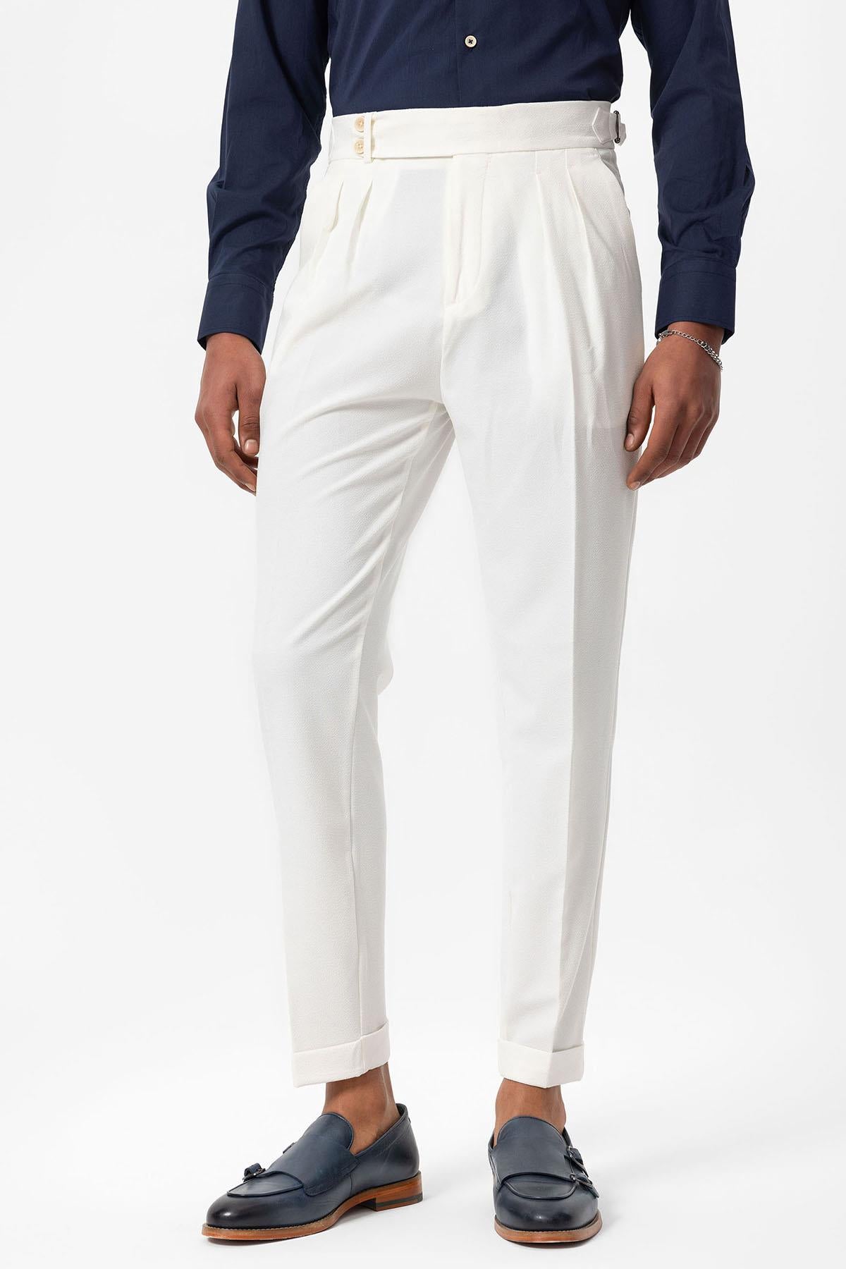 Men's White High-Waist Pleated Textured Pants