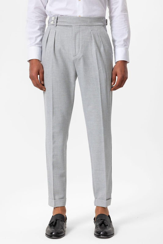 Men's Grey High-Waist Pleated Textured Pants