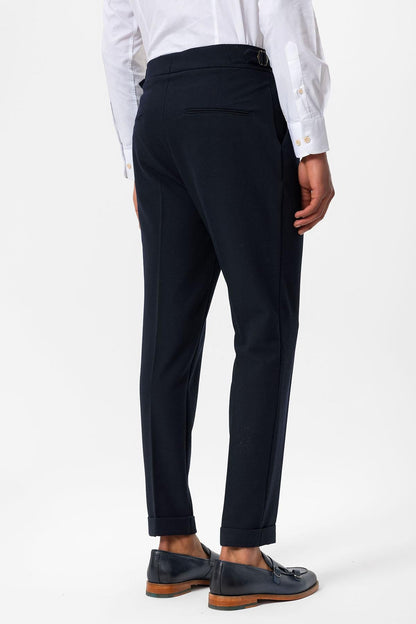Men's Navy Blue High-Waist Pleated Textured Pants