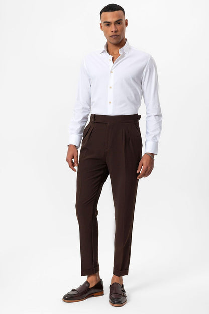 Men's Brown High-Waist Pleated Textured Pants